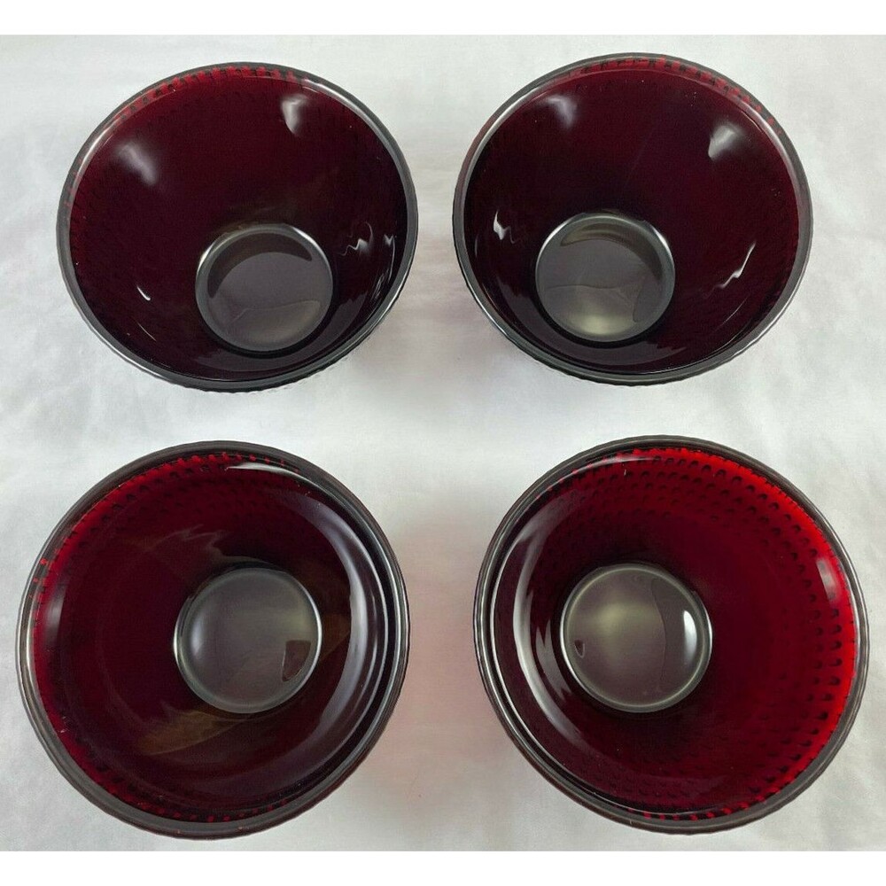 Red Berry Dessert Bowls Vintage Ruby Glass Set of 4 Hobnail 4.5"
